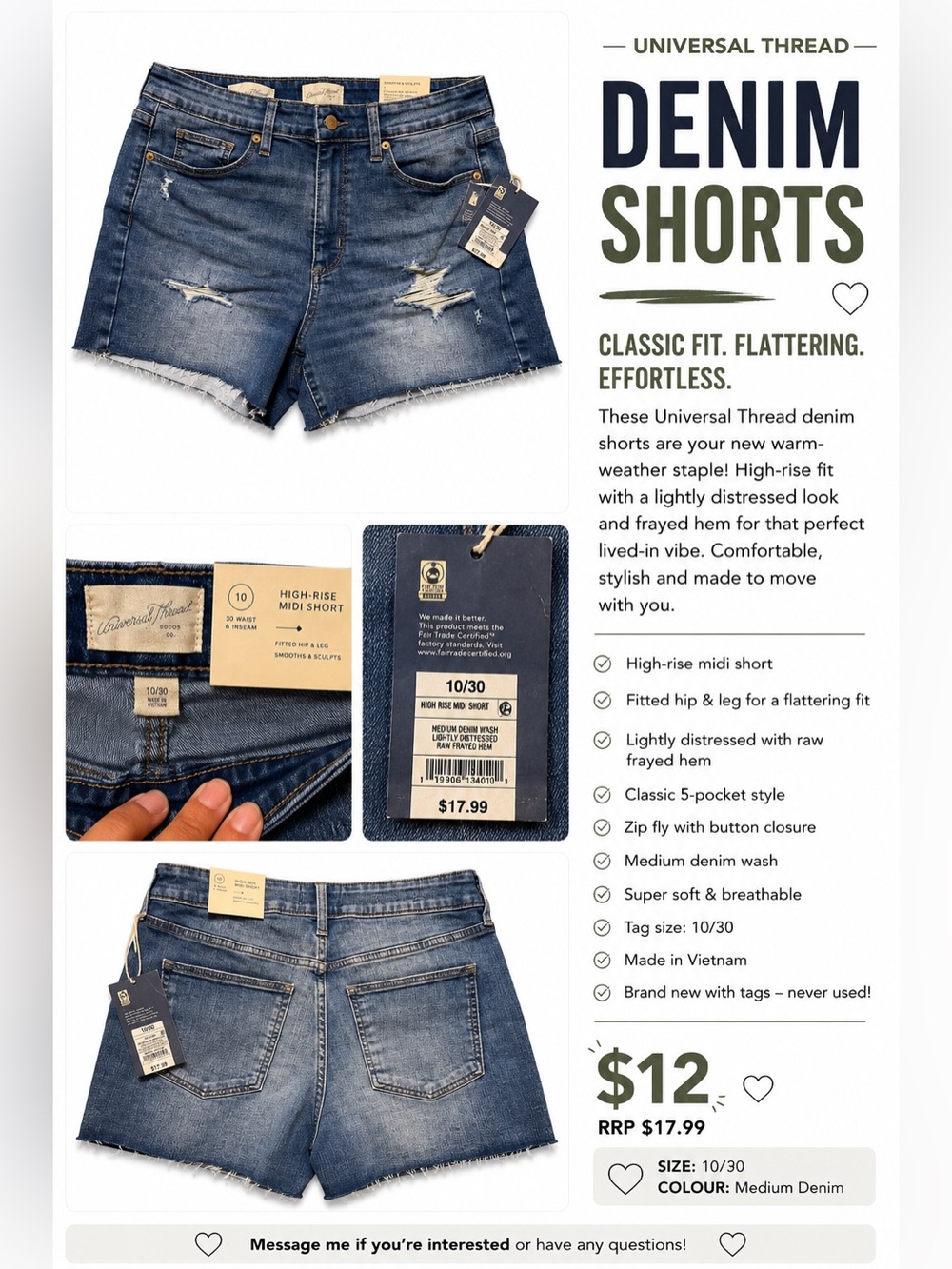 Universal Thread Blue Distressed High Rise Midi Denim Shorts